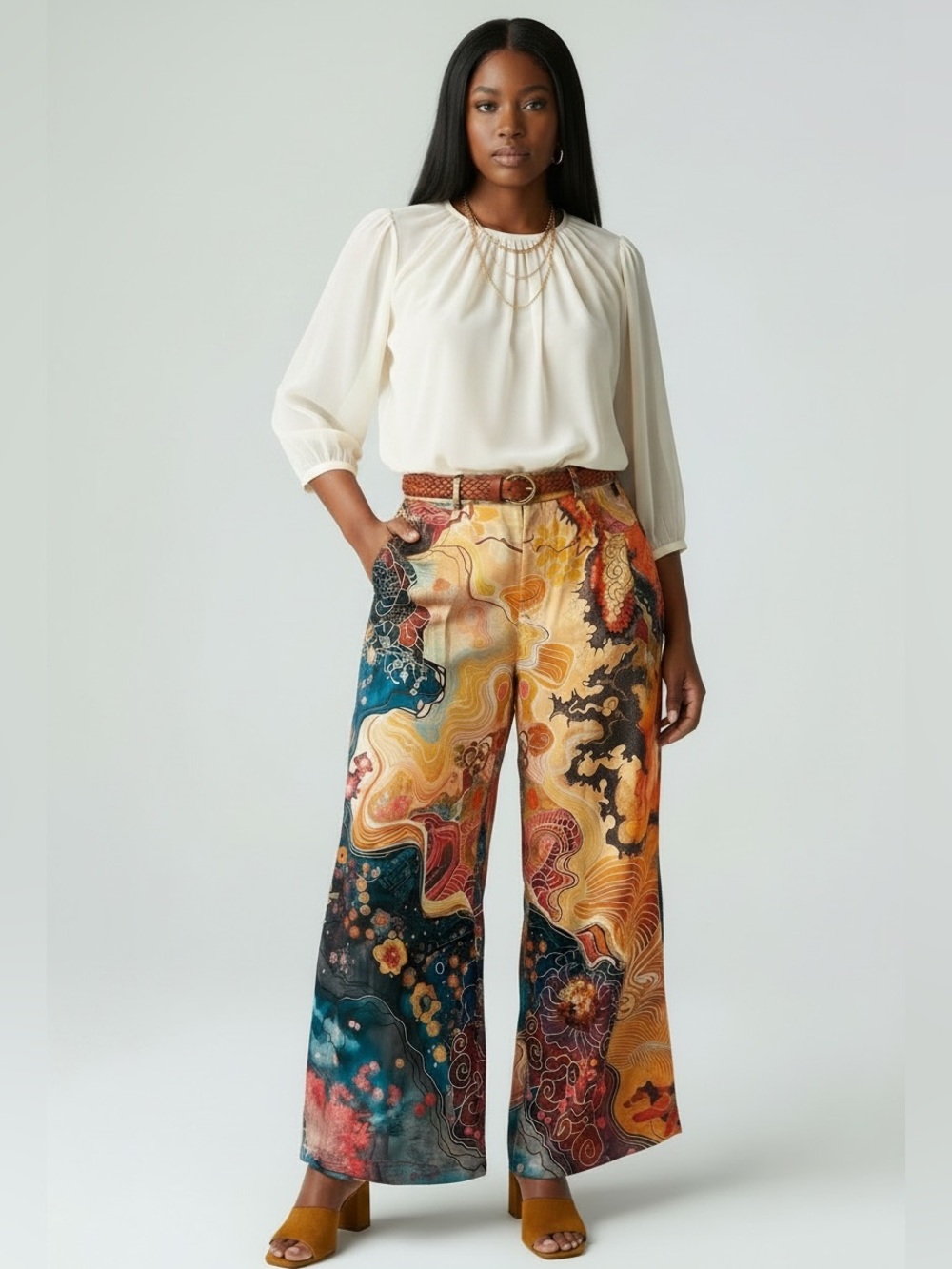 Wide-Leg Printed Palazzo Pants in Multi-Color